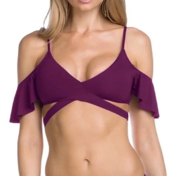 BECCA‎ by Rebecca Virtue Wrap Off Shoulder Bikini Top Size S Burgandy NEW - Picture 1 of 8